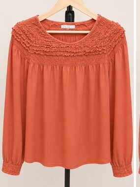 Women’s Rust Orange Smocked Blouse Long Sleeve Lightweight Boho Top Size M